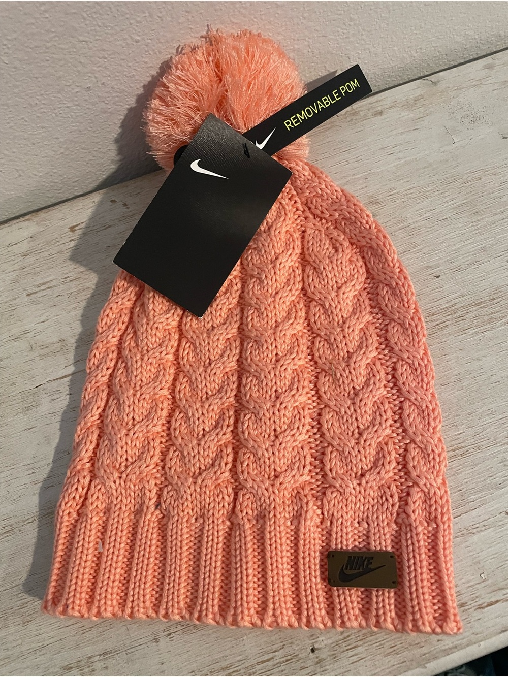 Nike Peach Cable-Knit Beanie with Removable Pom